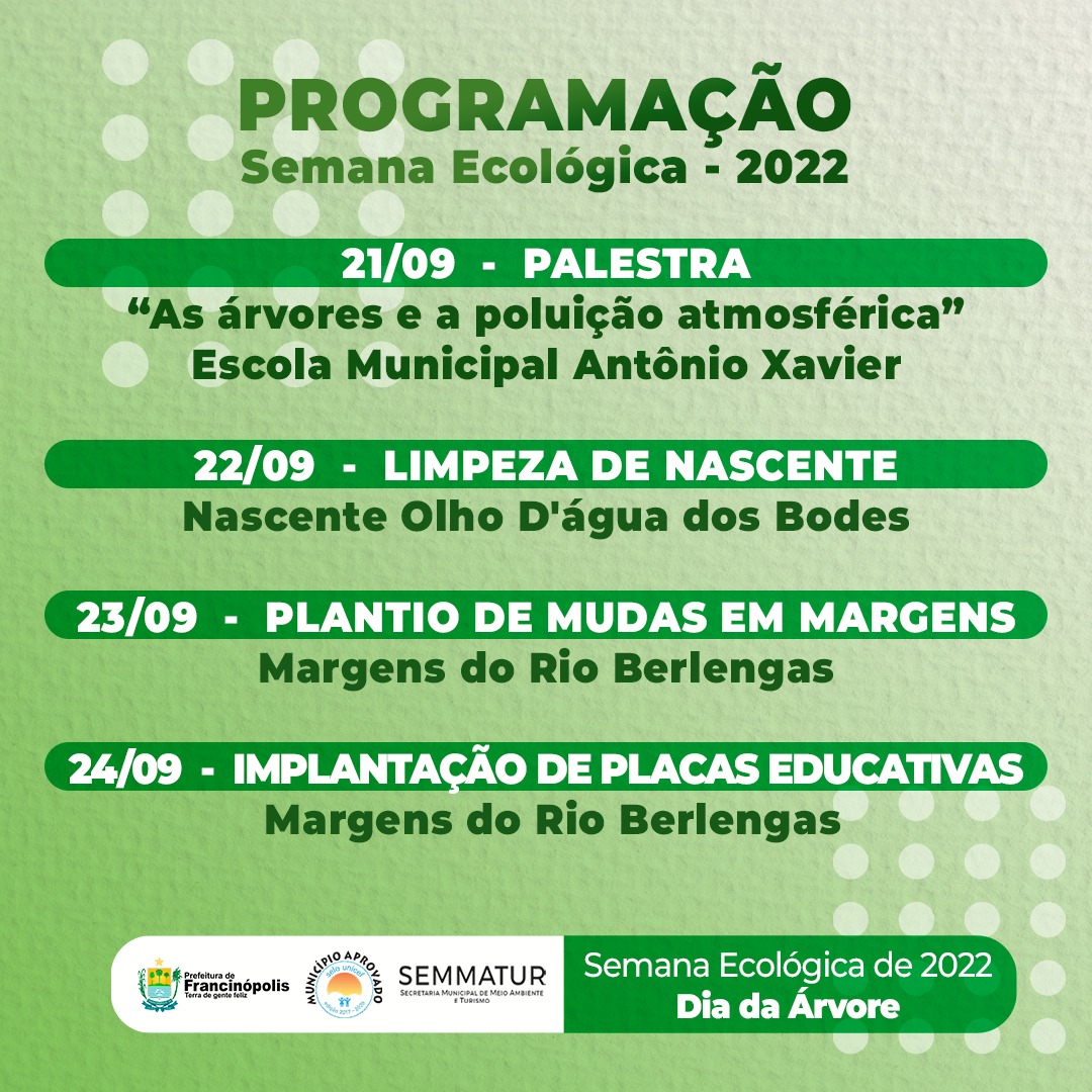 Imagem capa da notícia Secretaria de Meio Ambiente e Turismo divulga programação da Semana Ecológica - 2022