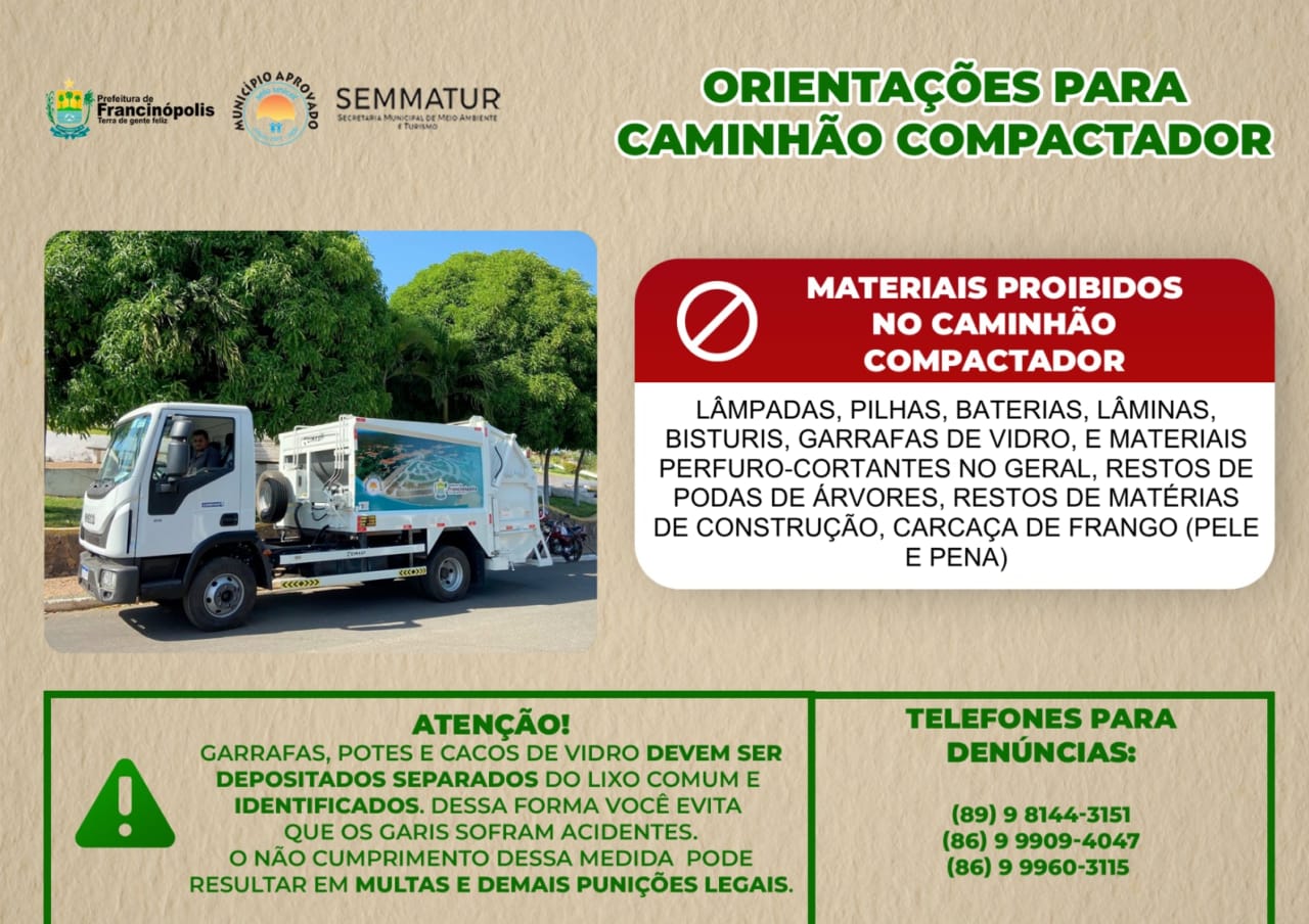 Imagem capa da notícia Prefeitura de Francinópolis inicia campanha de reeducação ambiental para utilização do caminhão compactador