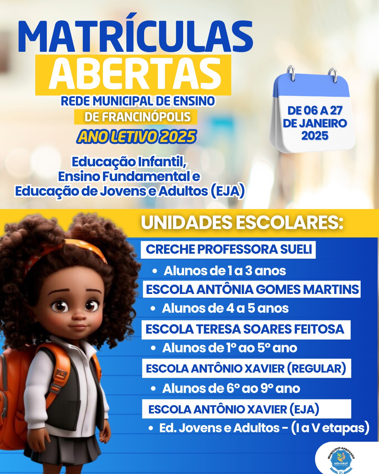 Imagem capa da notícia As matrículas para a Rede Municipal de Educação de Francinópolis estão abertas para o ano letivo de 2025!