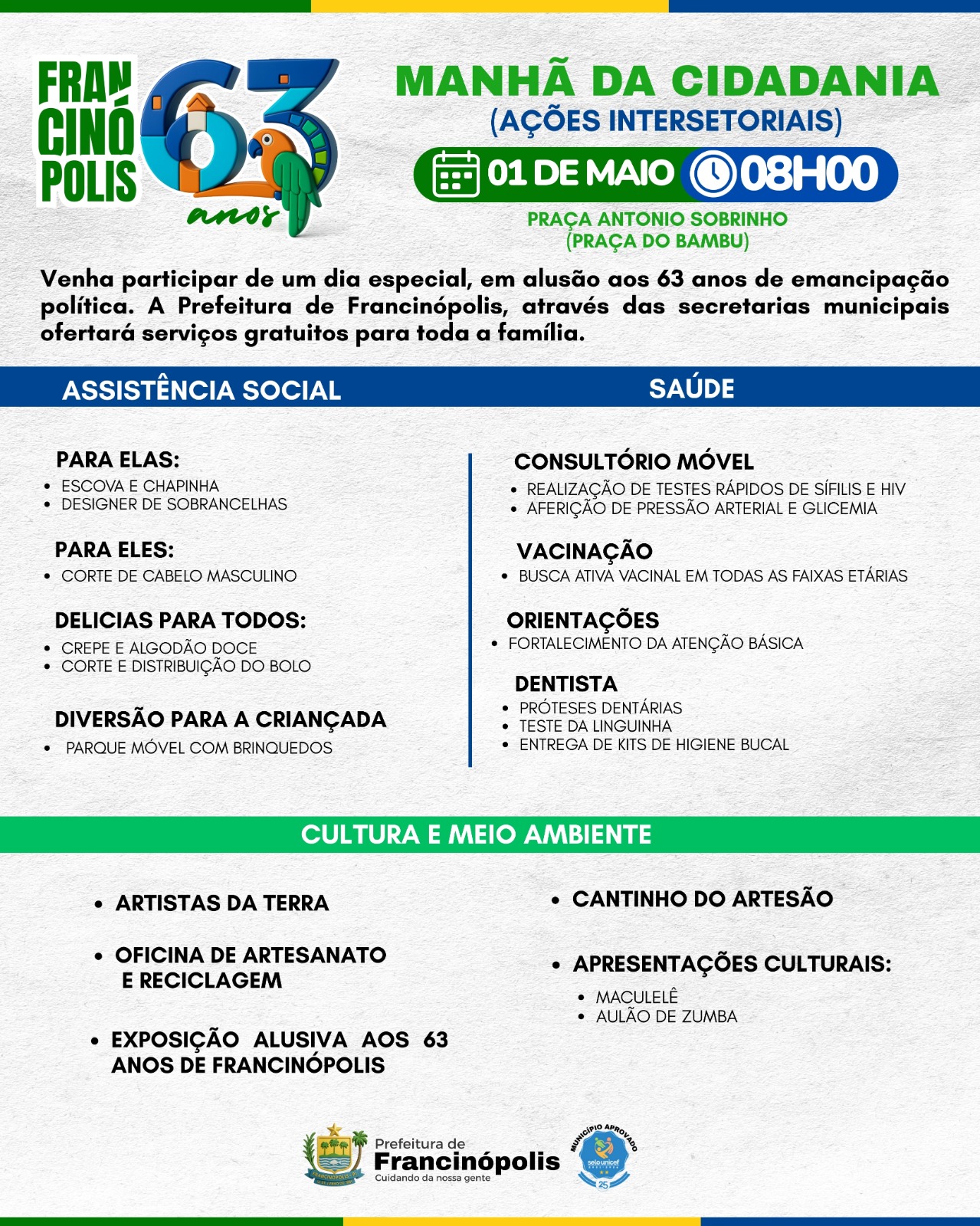 Imagem capa da notícia Francinópolis celebra seus 63 anos com a Manhã da Cidadania: cultura, serviços e lazer para toda a população