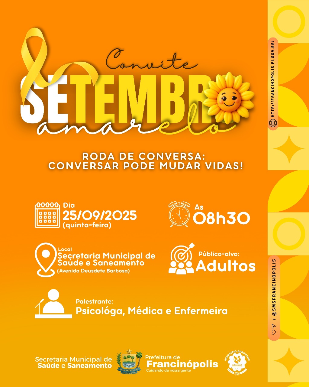 Imagem capa da notícia Secretaria de Saúde e Saneamento realizará Roda de Conversa em alusão ao Setembro Amarelo