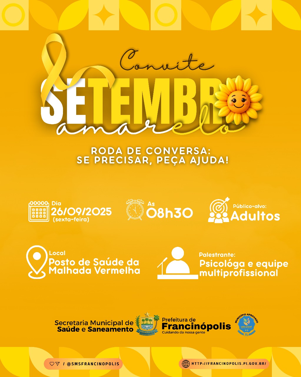 Imagem capa da notícia Equipe do Posto de Saúde da Malhada Vermelha realizará Roda de Conversa em alusão ao Setembro Amarelo