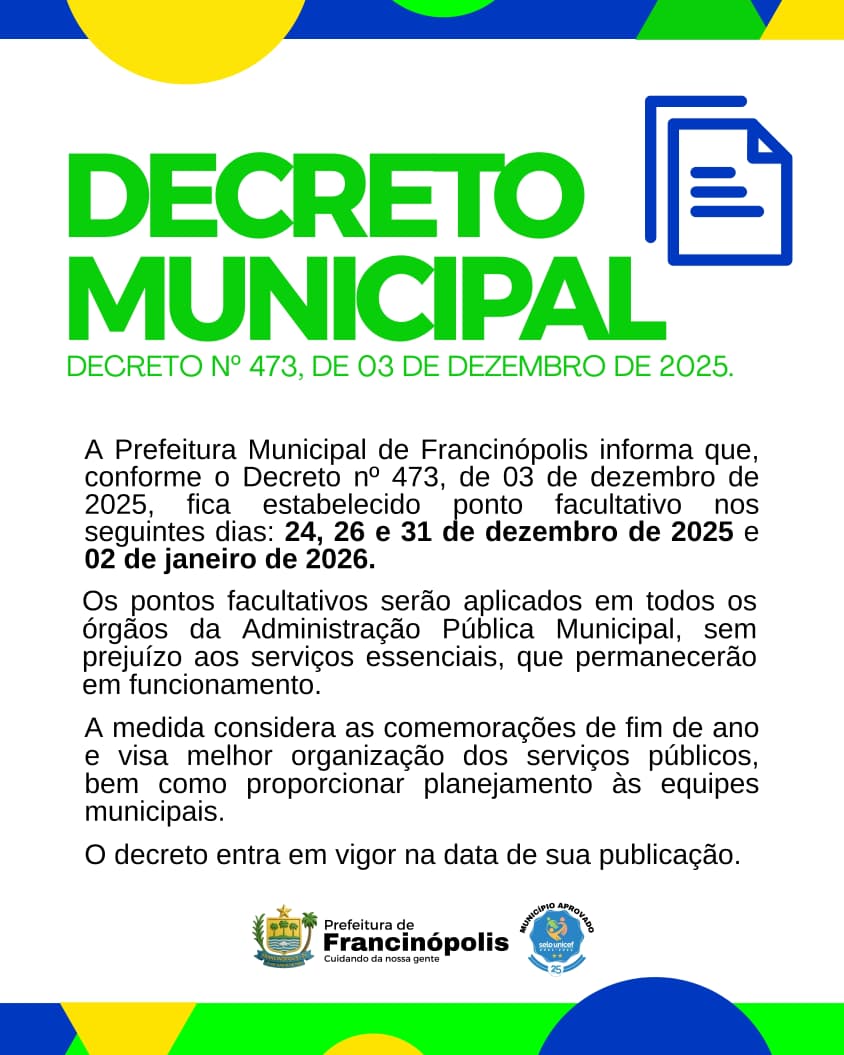 Imagem capa da notícia Prefeitura de Francinópolis estabelece ponto facultativo para o período de fim de ano